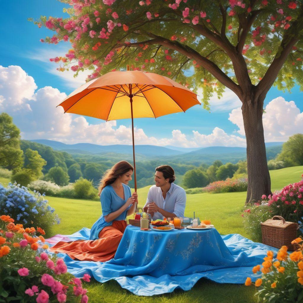 A romantic picnic scene with a couple enjoying each other's company under a colorful umbrella, surrounded by vibrant flowers and whimsical designs symbolizing protection. The backdrop features soft clouds and a bright sun shining down, creating a warm, inviting atmosphere. Include subtle icons of insurance symbols like hearts and shields interwoven in the scenery. super-realistic. vibrant colors. soft focus.