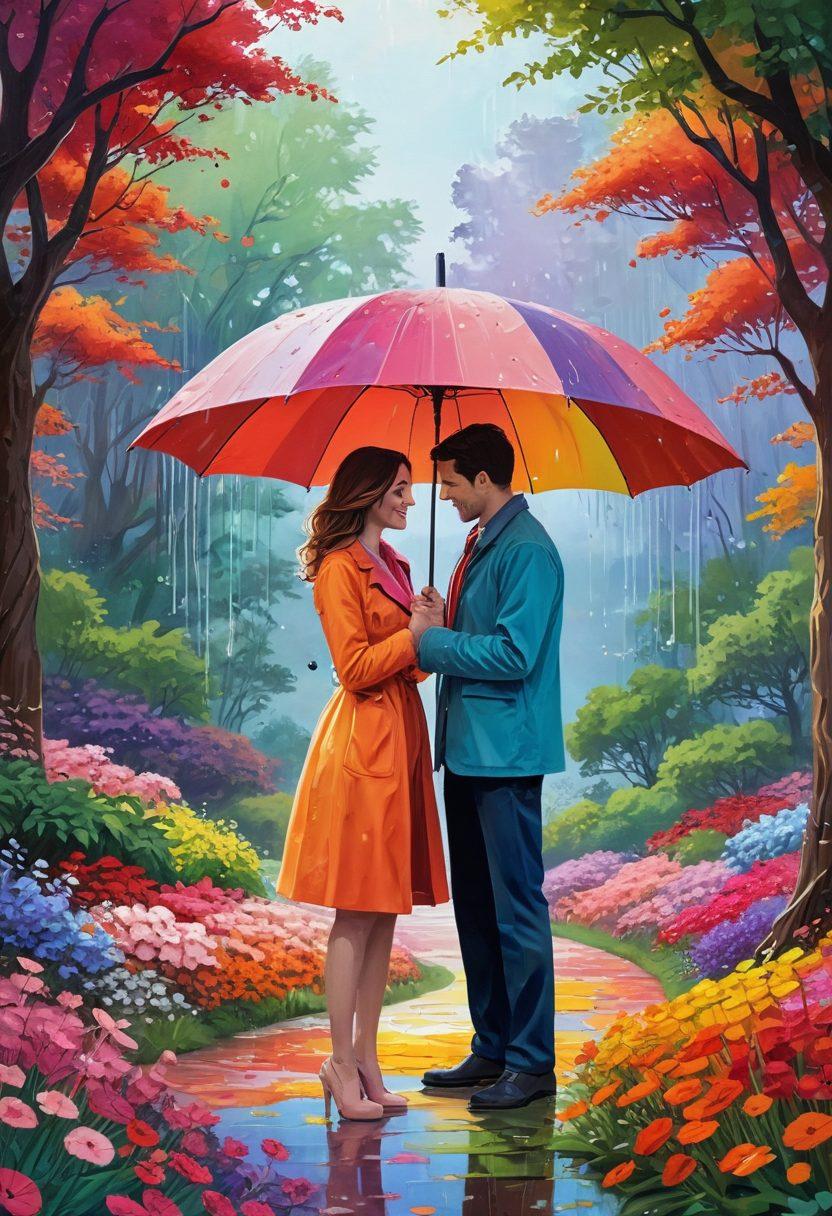 A whimsical illustration of a couple using a giant umbrella made of puzzle pieces to shield themselves from falling heart-shaped raindrops, surrounded by vibrant flowers symbolizing love and creativity. The background features a dreamy landscape with a winding path leading to a bright future, representing unique coverage options in relationships. super-realistic. vibrant colors. 3D.