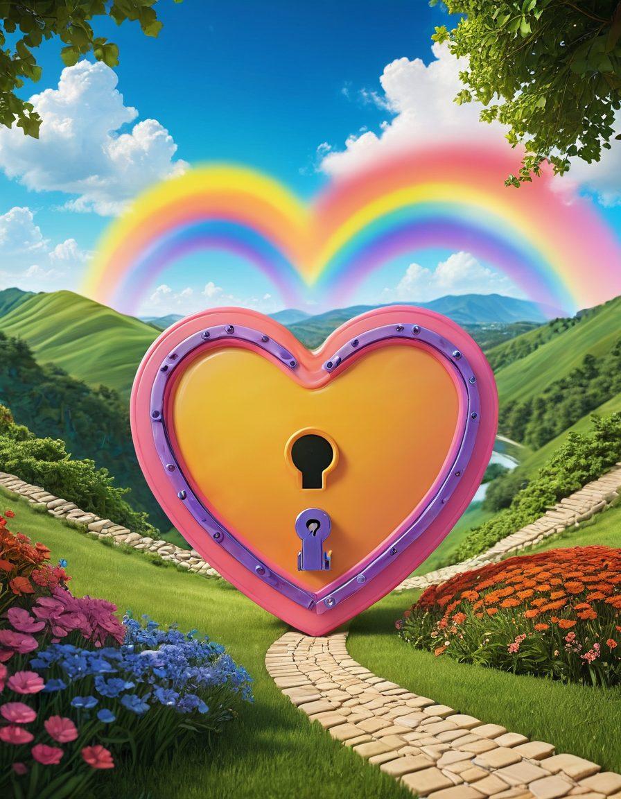 A vibrant illustration depicting a sturdy heart-shaped lock surrounded by colorful keys, symbolizing love insurance. In the background, a winding path made of gold coins leads through a lush green landscape filled with couples happily embracing. The sky above is dotted with rainbow colors and a sun radiating positivity, emphasizing financial protection in relationships. whimsical style. vibrant colors. 3D.